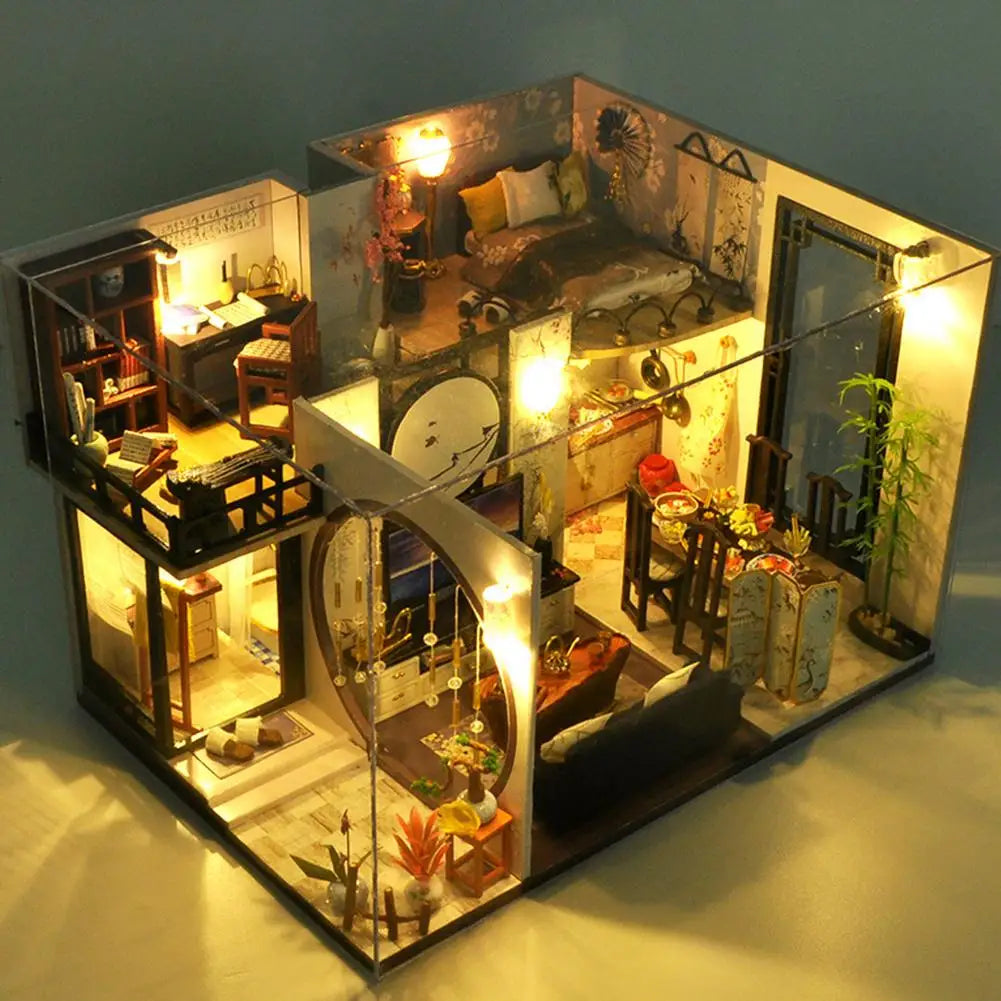 Maison de poupée miniature à monter soi-même, style loft chinois, mouvement musical, avec LED, meubles, modèle de loft chinois assemblé à la main, jouets créatifs