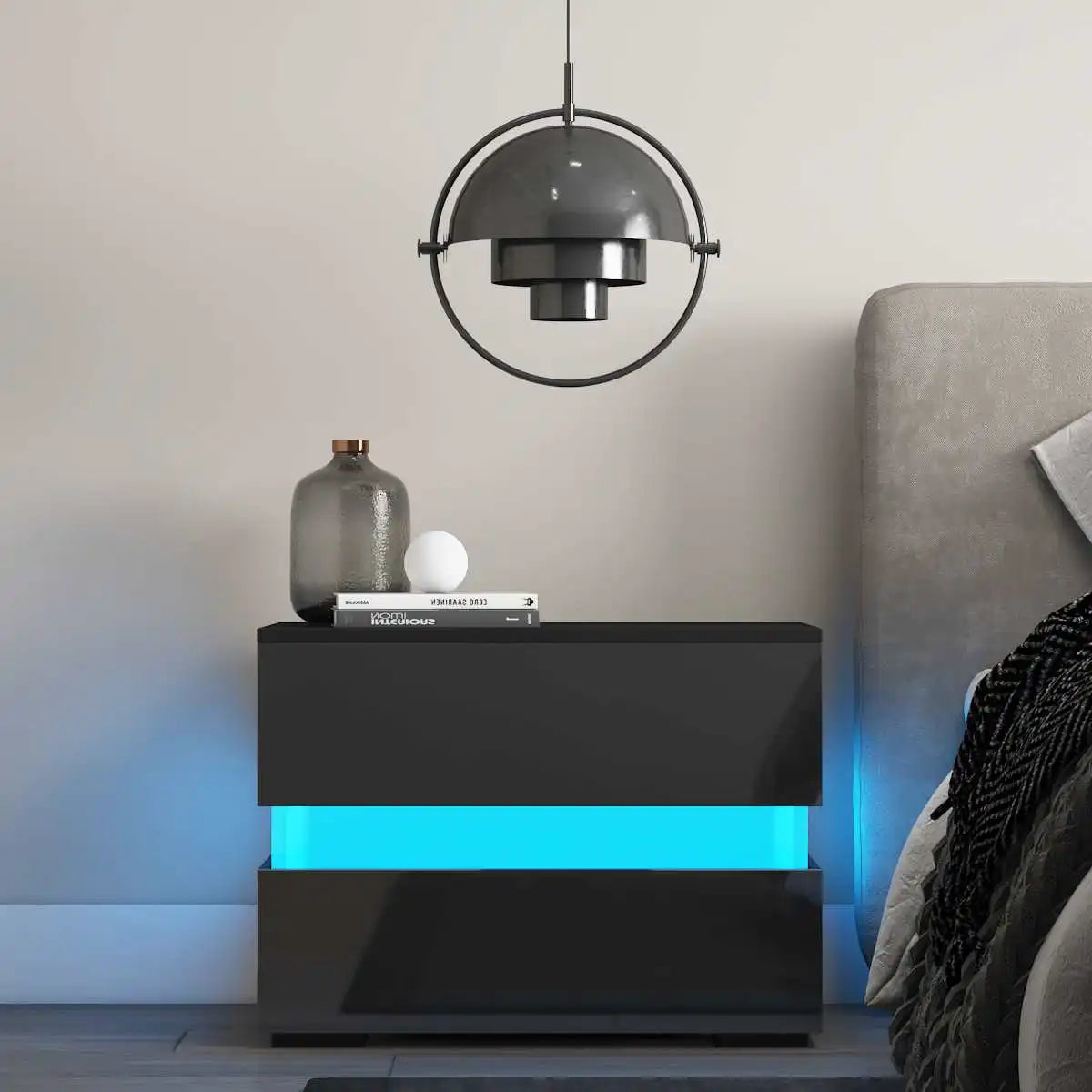 Modern Luxury LED Light Nightstand w/2 Drawers Organizer Storage Cabinet Bedside Table Bedroom Furniture for Night 20 Colors