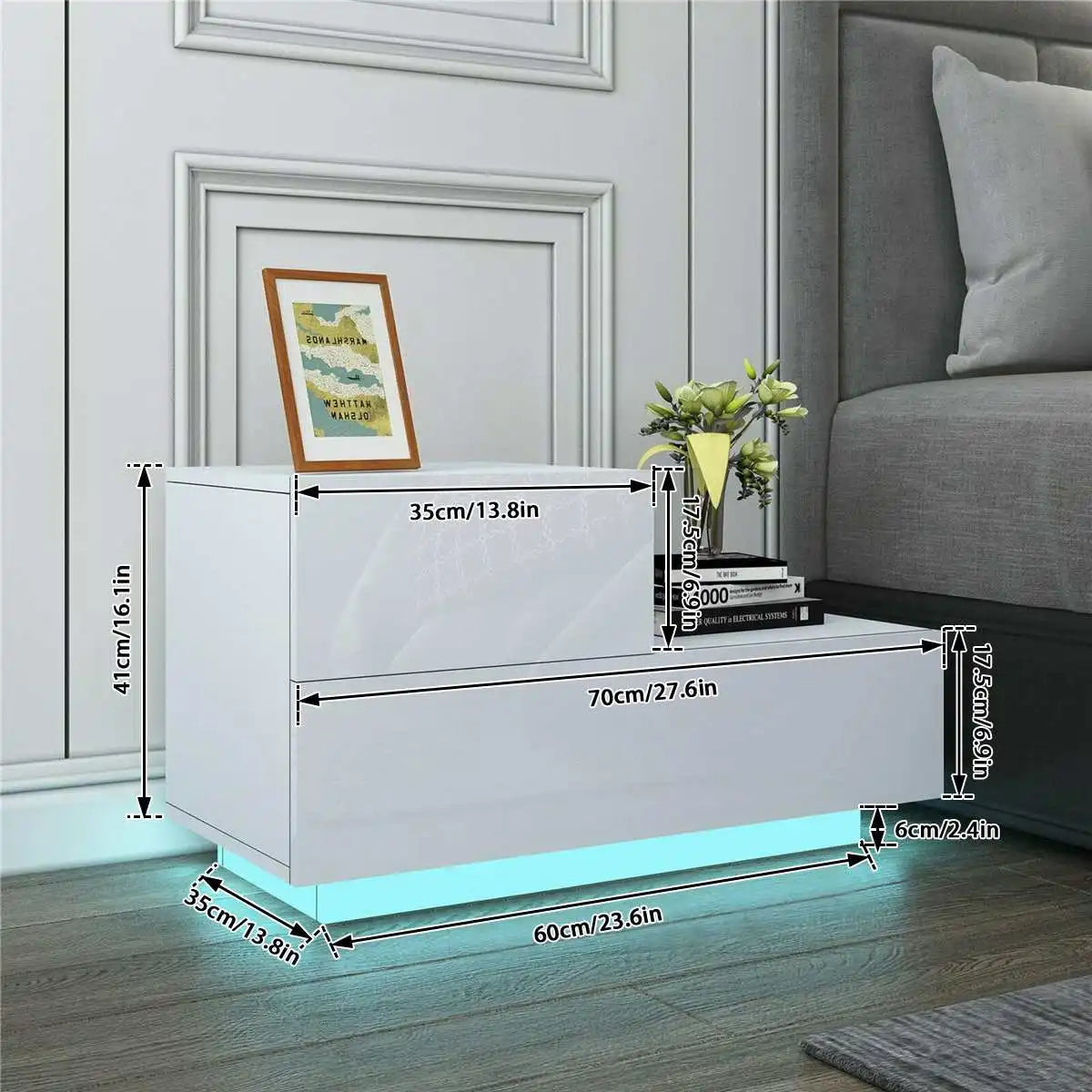 Modern Luxury LED Light Nightstand w/2 Drawers Organizer Storage Cabinet Bedside Table Bedroom Furniture for Night 20 Colors