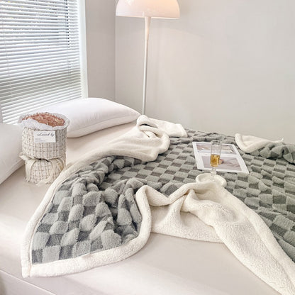 Autumn And Winter Lamb Plush Blanket Quilt Set Checkerboard