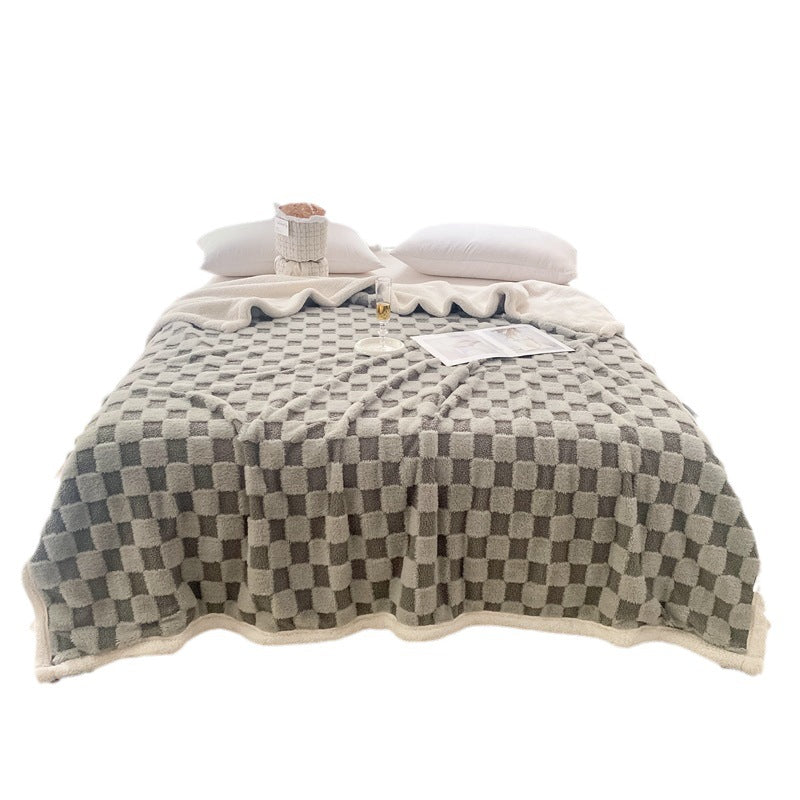 Autumn And Winter Lamb Plush Blanket Quilt Set Checkerboard