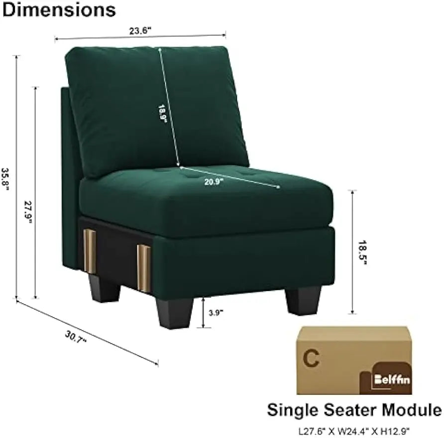 Belffin Velvet Single Seat Module for Modular Sectional Sofa Couch Accent Armless Sofa Couch Chair Modern Fabric Green