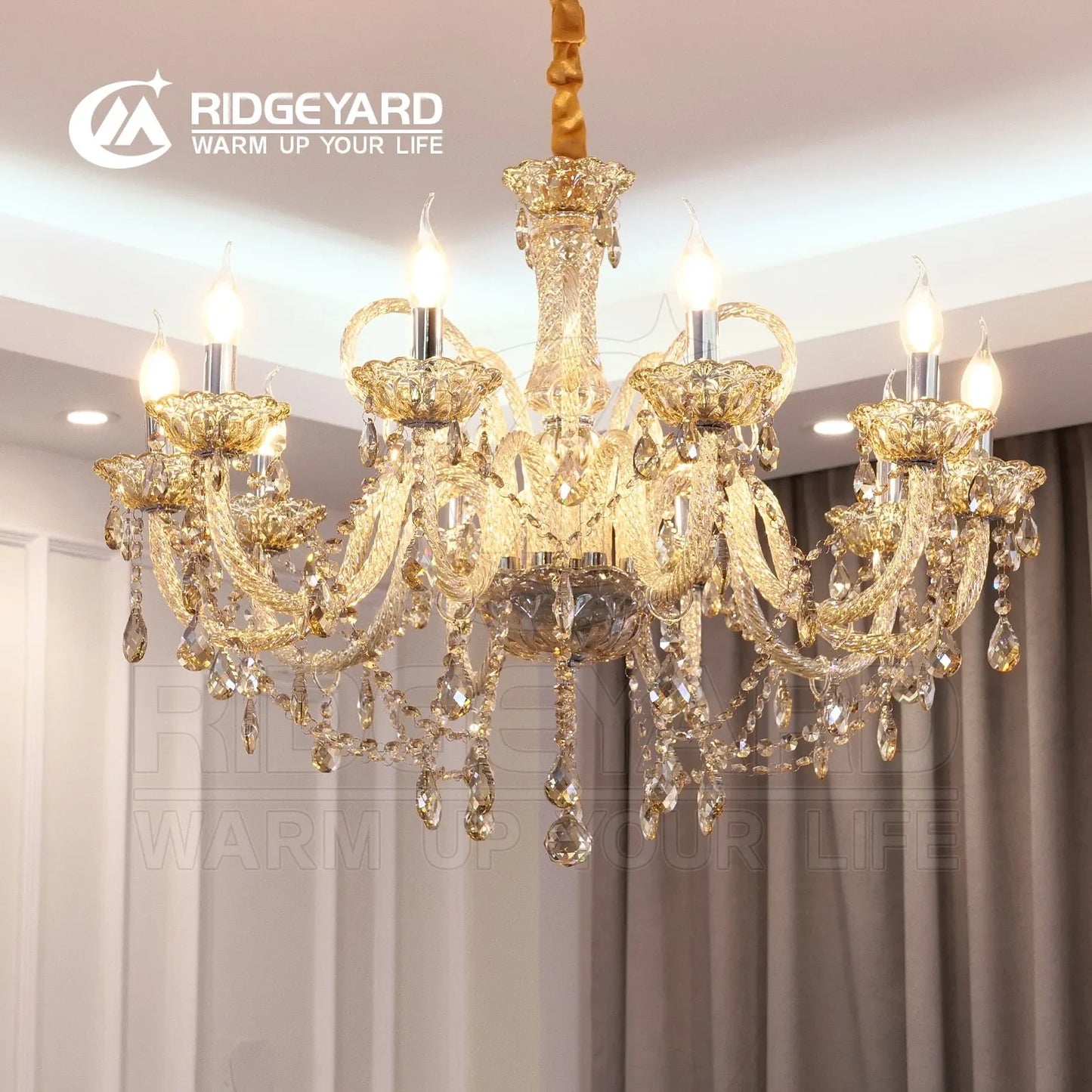 TRY-YEAN Vintage Crystal 10 Arm Cognac Chandelier Classic K9 Crystals Drop Pendant Lighting for Living Room Bedroom Hallway E14