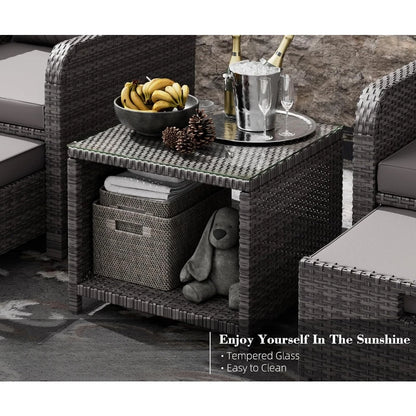 Garden Furniture Set 5 Piece, Wicker Rattan Lounge Chairs with Soft Cushions 2 Ottoman&Glass Table, Patio Conversation Set