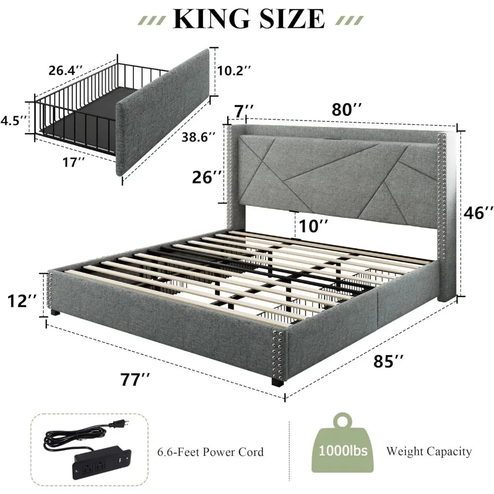 Bed frame, with 4 storage drawers, Upholstered Platform Bed Frame, Solid wood slat support, No box spring required