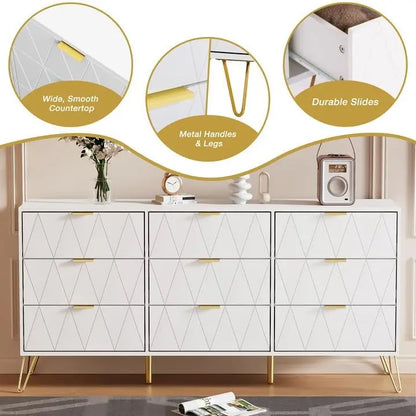 Drawer Dresser for Bedroom, Dressers & Chest of Drawers with Gold Handles, Large Modern Long Dressers Wooden Storage Organizer