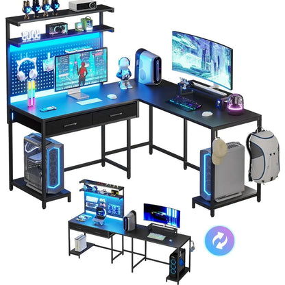 Bureau de jeu en L avec lumières LED, panneau perforé et tiroirs avec clapier, ordinateur avec support pour moniteur, étagères de rangement, table de jeu