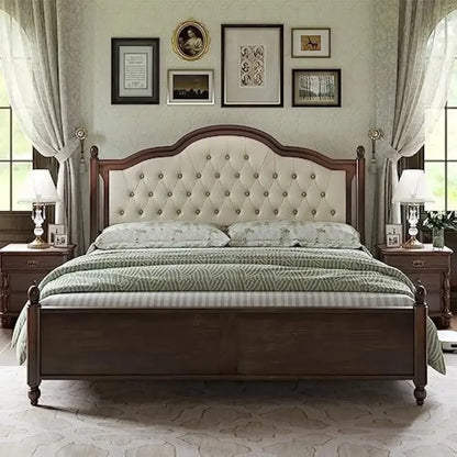 Queen Solid Wood Bed Frame with 52.5" Upholstered Tufted Headboard, Roman Column Accents No Box Spring Needed, Queen Bed Frame