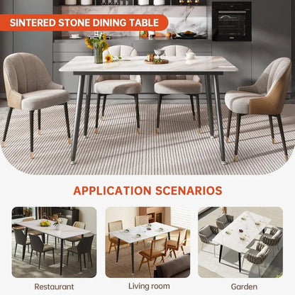 White Rectangular Kitchen Table, Dining Table with Marble Sintered Stone Table Top and Metal Legs,Dinner Table for Dining Room