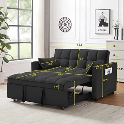 55 Inch Convertible Sleeper Sofa 3 in 1 Velvet Small Loveseat with Pull Out Bed, Reclining Backrest, Light Gray