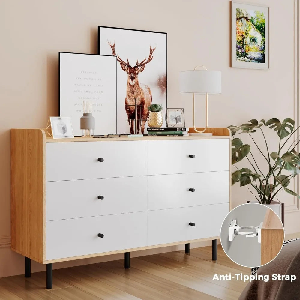 MAISONPEX Dresser for Bedroom with 6 Drawers and Metal Handle,Sturdy Frame Modern Bedroom Furniture, Chest of Drawers, White Dre