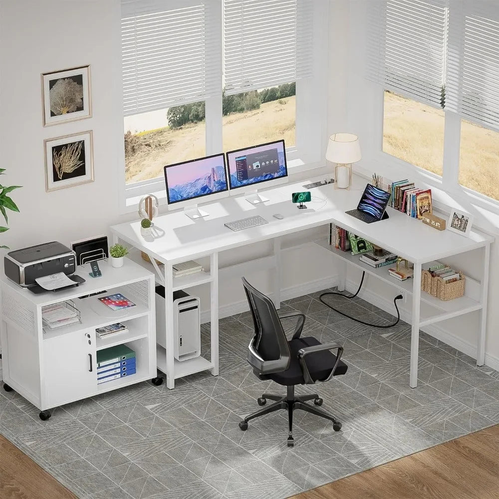 Reversible L Shaped Computer Desk with Magic Power Outlets and USB Charging Ports, Easy to Assemble, White