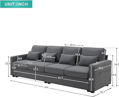 104" Linen Fabric Sofa with Armrest Pockets and 4 Pillows, Minimalist Style 4-Seater Couch for Living Room, Apartment, Gray