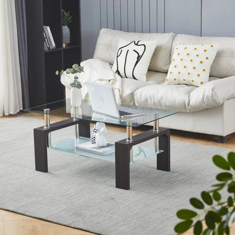 Living Room Rectangle Coffee Table, Tea Table Suitable for Waiting Room Modern Side Coffee Table with Wooden Leg, Glass Tabletop