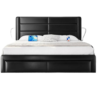 Marco de cama grande con plataforma de cojín de cuero y cabecera, cama con cajón de almacenamiento con puerto/estación de carga USB 86L x 63.5W x 41.5H