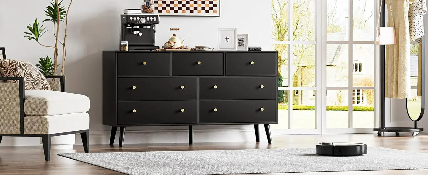 55” Black Dresser, 7 Drawer Dresser for Bedroom with Wide Drawers and Gold Knobs, Wood Dressers & Chests of Drawers Dressers