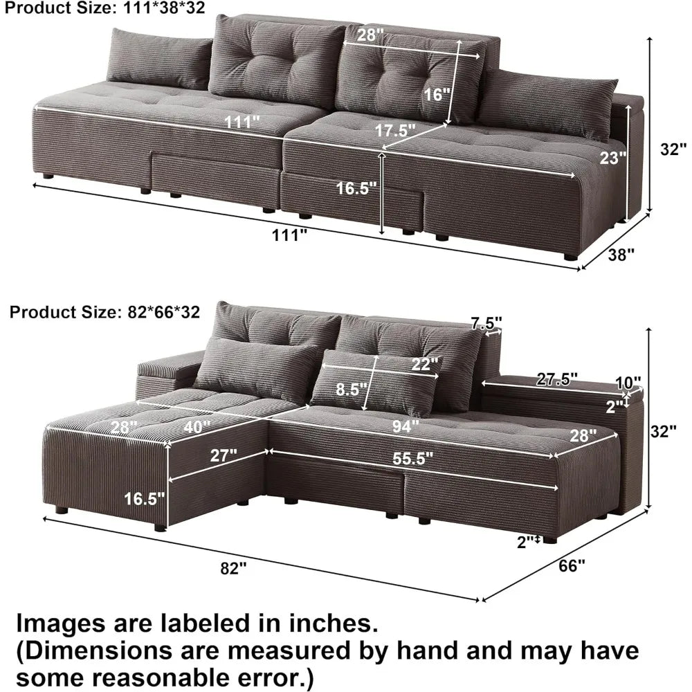 Convertible Sectional Sofa, L-Shaped Sofas with 4 Storage Space, Pull-Out Sofa Bed with 4 Pillows, Convertible Sectional Sofa