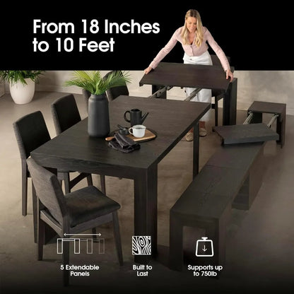 Mesa de comedor para 2 a 12 personas, mesa de comedor extensible de madera, 6 colores (negro, solo mesa), 118 x 37,5 x 30 pulgadas