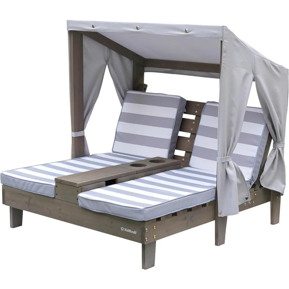 Chaise longue doble de madera para exteriores para niños de 3 a 8 años con portavasos, muebles de patio, color miel con rayas azul marino y blanco