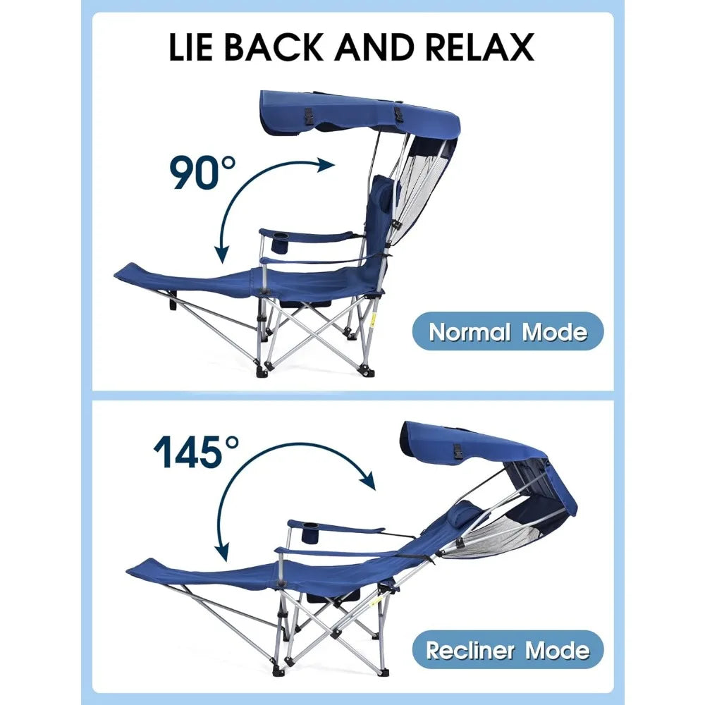 Silla de playa reclinable con toldo y reposapiés, silla de playa con dosel, bolsillo de almacenamiento para acampar, playa, portones traseros, pesca