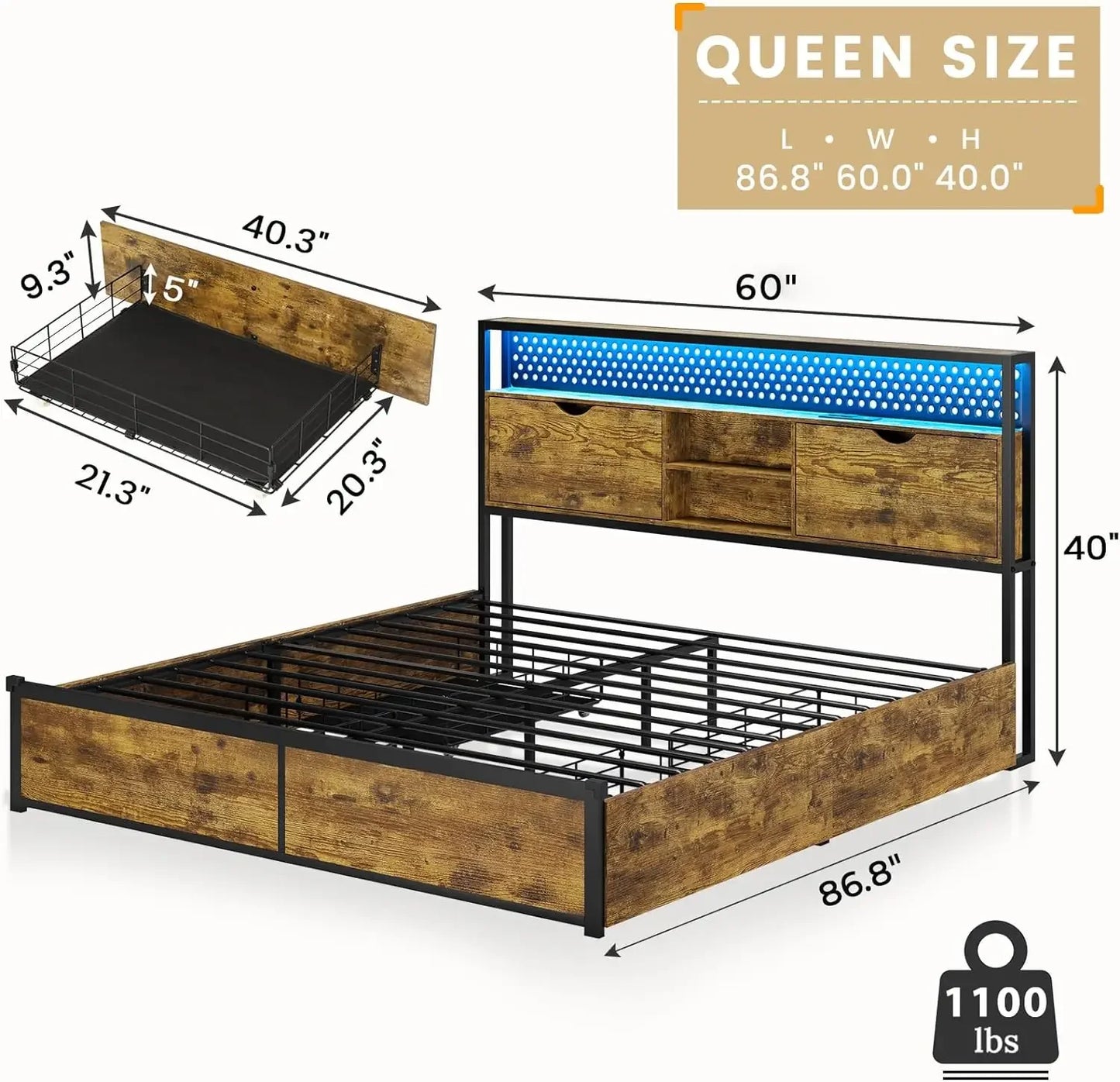 Bed Frame w/ Storage Headboard & Drawers, Metal Platform Bed w/ Charging Station, LED Bed Frame, Heavy Duty Steel Slats Support