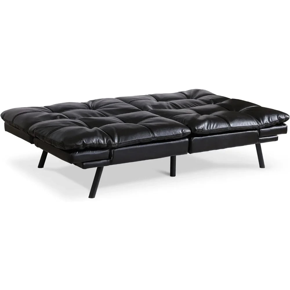 Convertible Futon Sofa Bed, Futon Couch Bed Memory Foam Loveseat,Small Sleeper Sofa Lounger For Compact Living,Black Leather