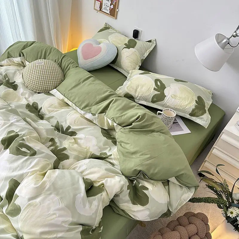 INS Tulip Bedding Set Green Floral Duvet Cover Queen Full Twin Size Flat Bed Sheet Floral Pillowcase Girls Bed Linen NO Filling