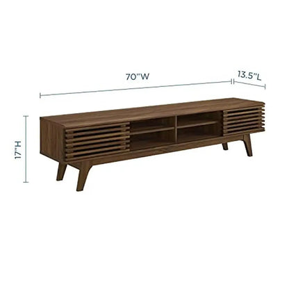 Mueble de TV de 70" de nogal de mediados de siglo con puertas corredizas, centro de entretenimiento, consola de perfil bajo de estilo retro, diseño icónico, unidad de pared de madera