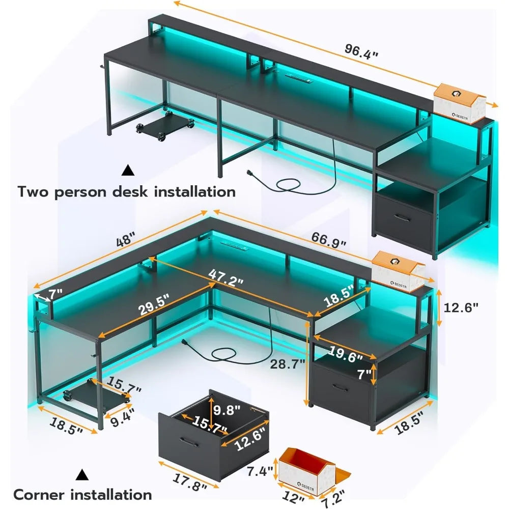 Bureau de jeu en L, bureau à domicile de 66 pouces avec tiroir à dossiers et prise de courant, bureau d'ordinateur de jeu d'angle avec lumières LED