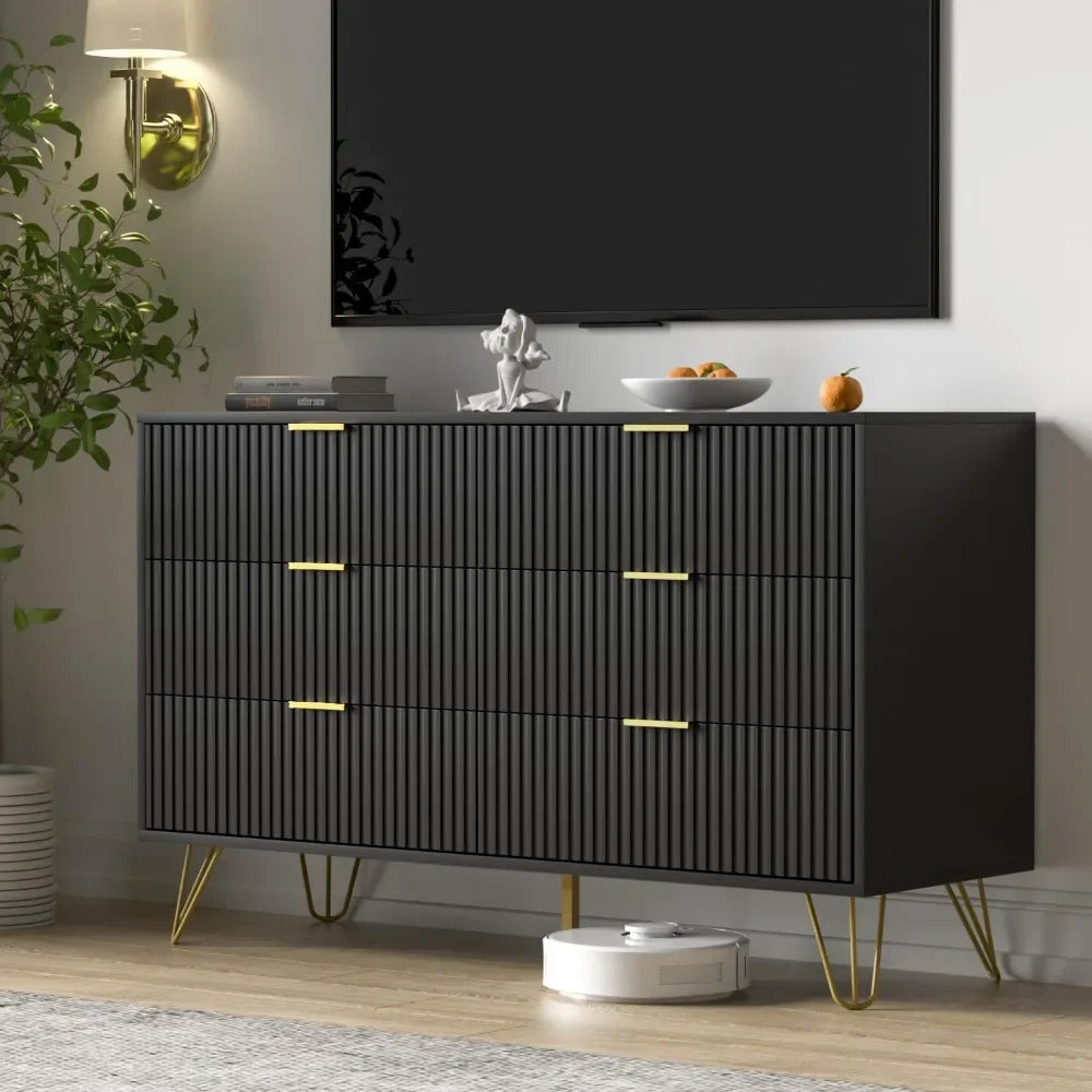 Commode noire, commode moderne à 6 tiroirs pour chambre à coucher avec poignées dorées, commode large pour salon