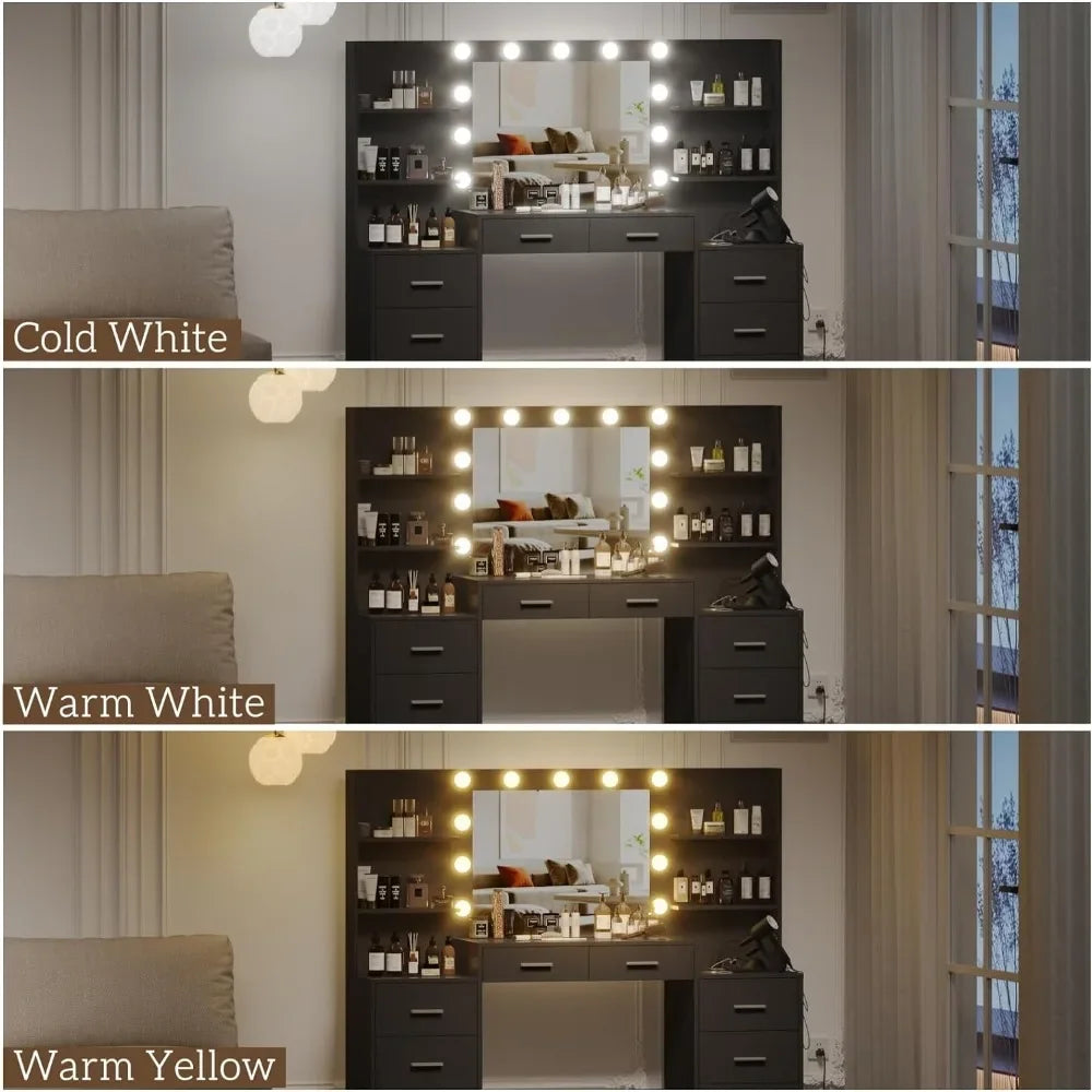 Coiffeuse avec miroir et lumières, avec multiprise, 3 modes d'éclairage, luminosité réglable, grand tiroir et six rangements ouverts