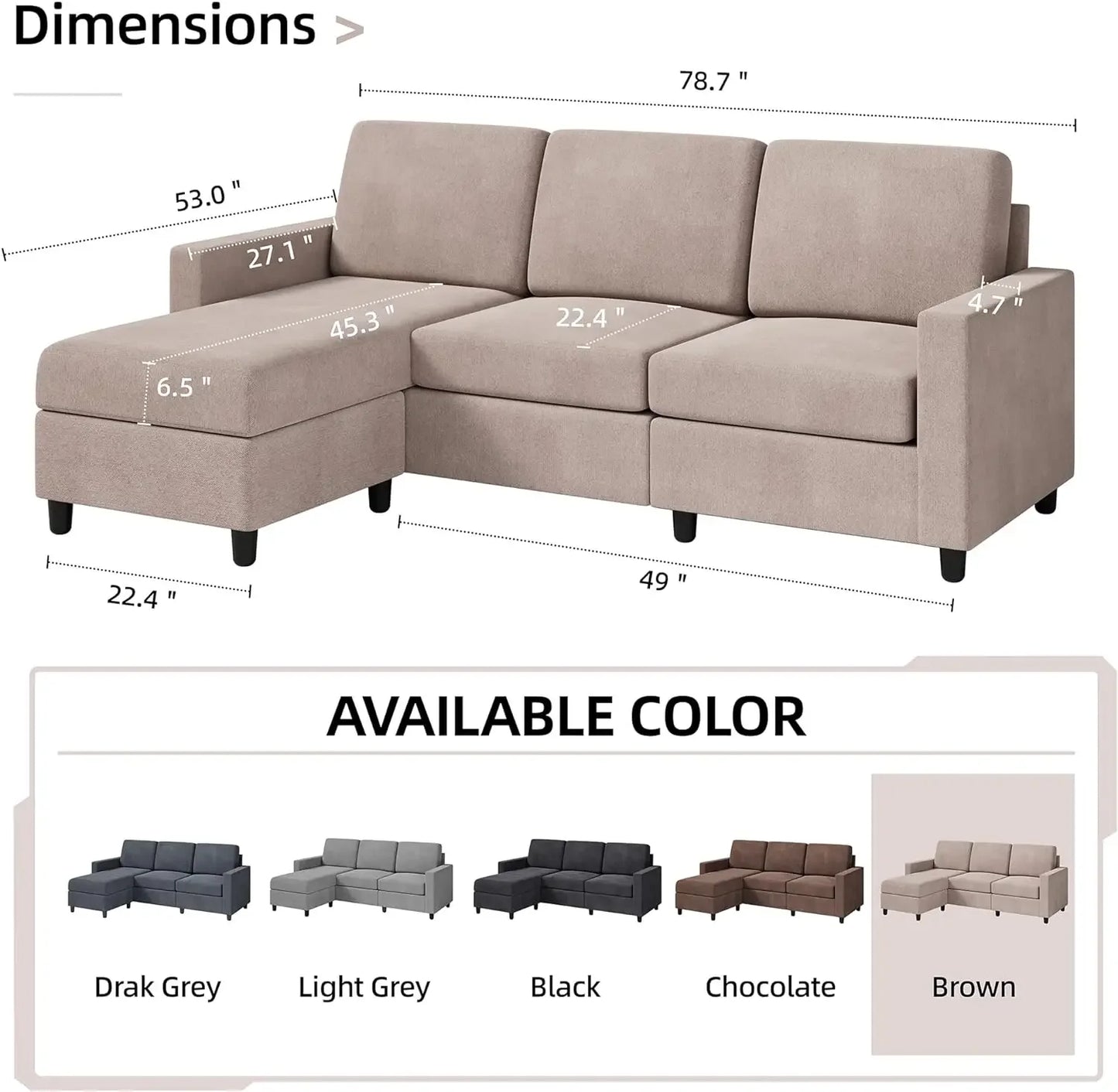 Convertible Sectional Sofa Couch, Modern Linen Fabric L-Shaped , 3-Seat Sofa Sectional with Reversible Chaise for Living Room