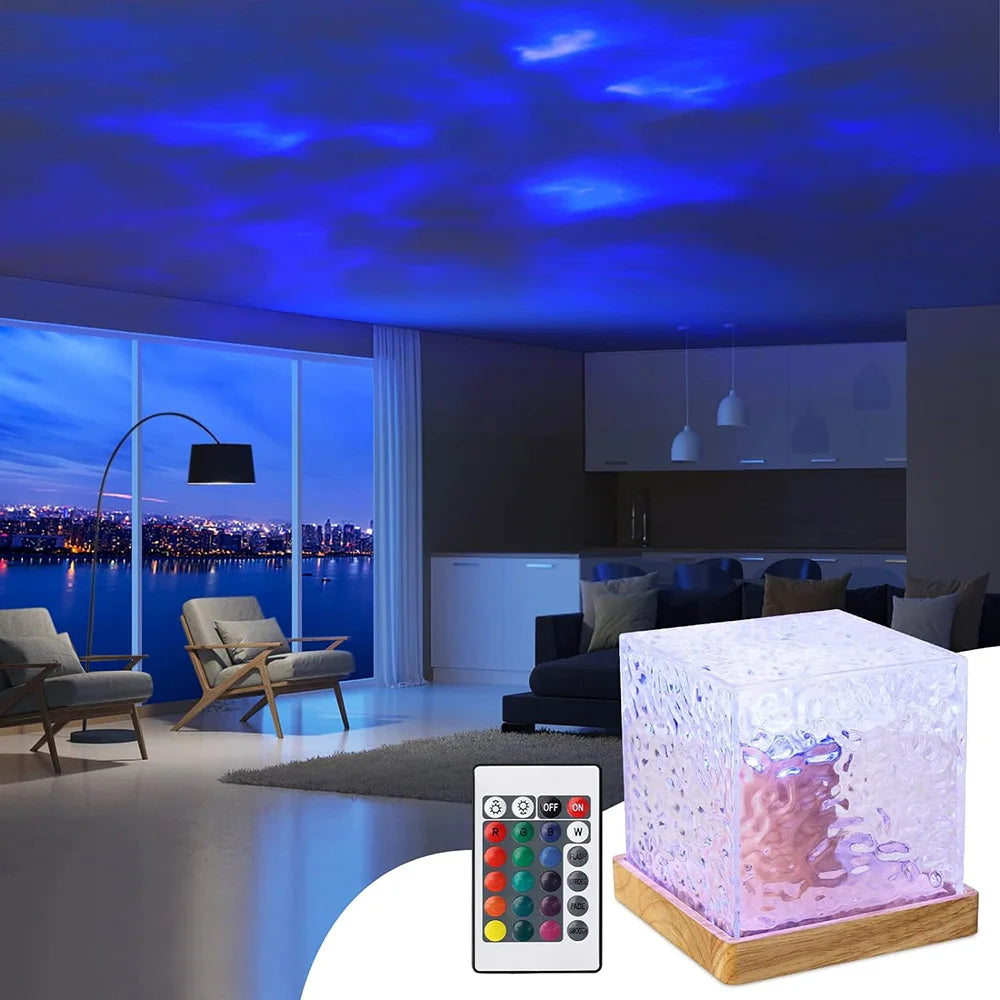 Lampe en cristal avec projecteur d'ondulations d'eau, veilleuse décorative pour maison, chambre à coucher, atmosphère esthétique, cadeau de vacances, lumières du coucher du soleil