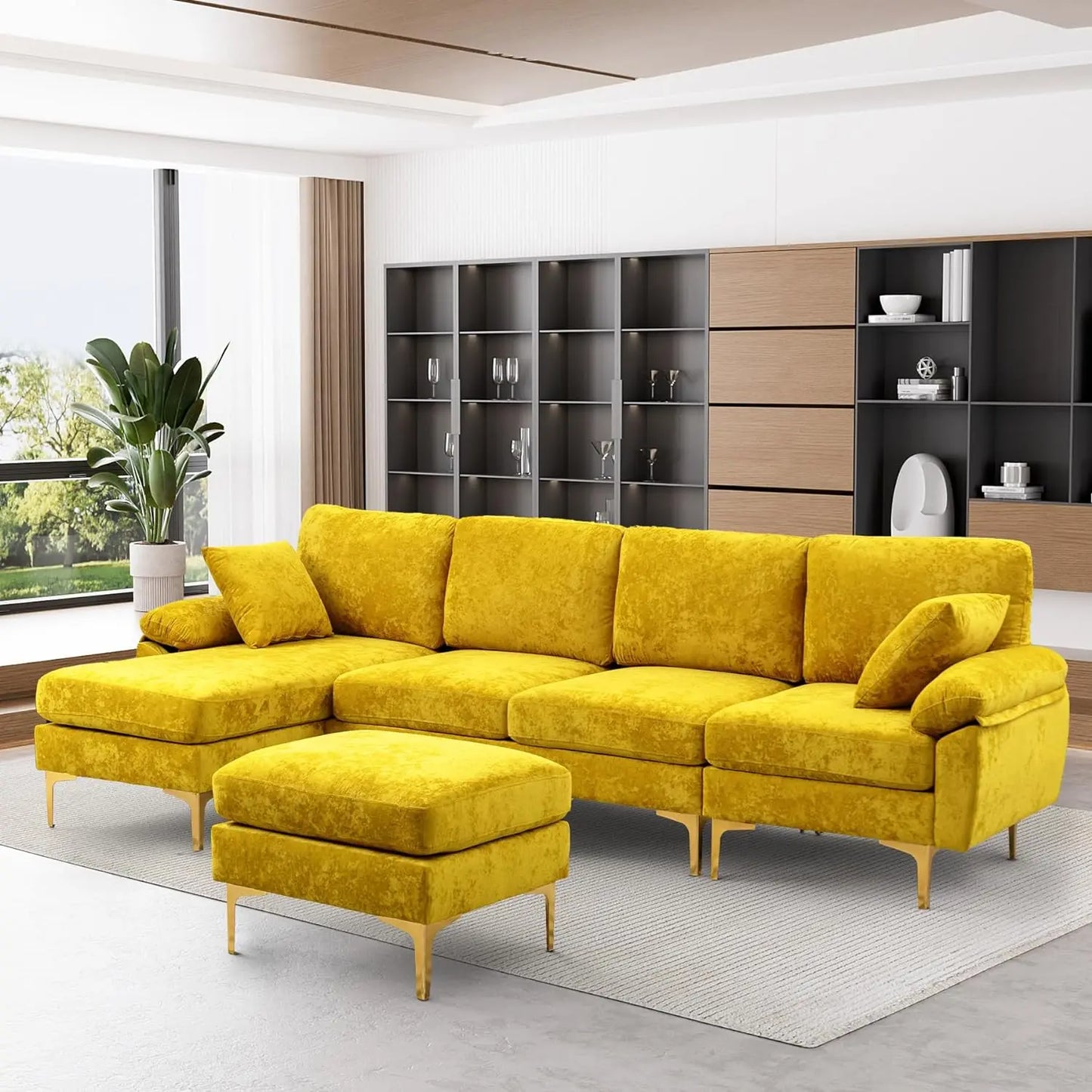 U-Shaped Sectional Sofa Couch,Sofa Set for Living Room,Convertible Velvet Couch Set with Chaise Lounge,Ottoman and Pillows