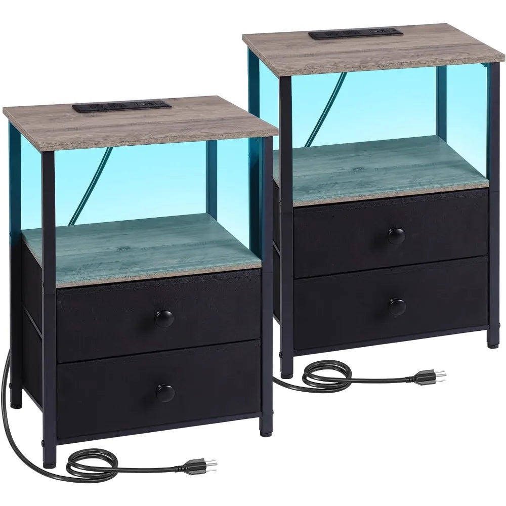 Nightstands Set of 2, LED Night Stand with Charging Station, Modern End Tables Living Room with 2 Fabric Drawers