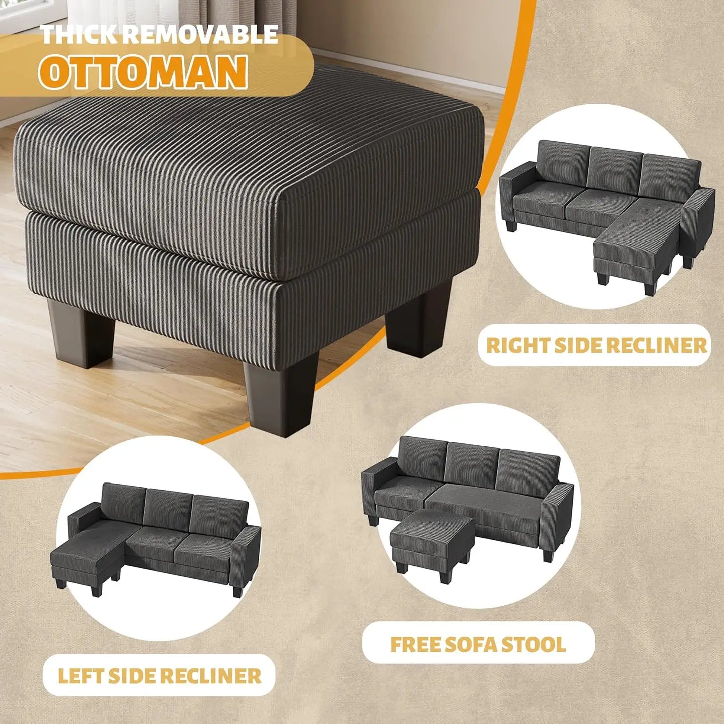 Sofá modular, sofá en forma de L de 3 plazas con tela de terciopelo coral, sofá pequeño otomano movible (gris)