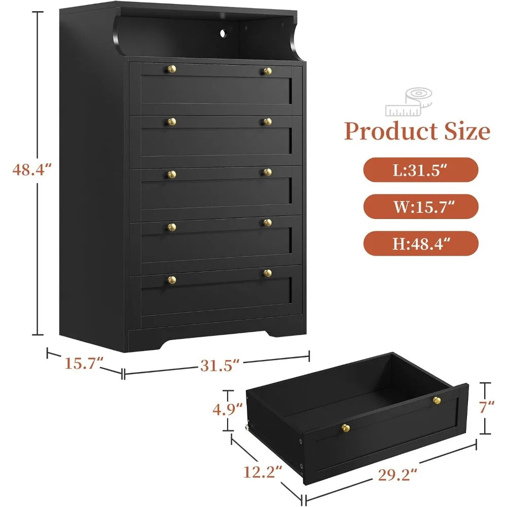 Dresser with LED, Bedroom Dressers & Chests of Drawers, Tall Dresser Wood Drawers, Black Dresser for Bedroom