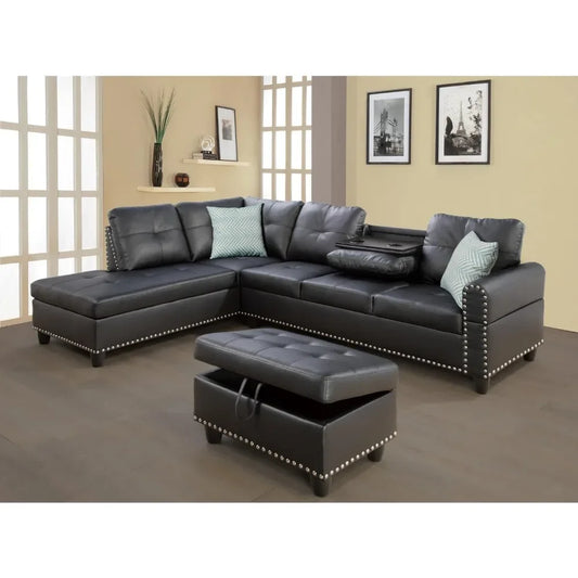 Polyester Fabric Sectional Sofa with Lift-top Storage Ottoman, Tufted Design, in Gray Finish