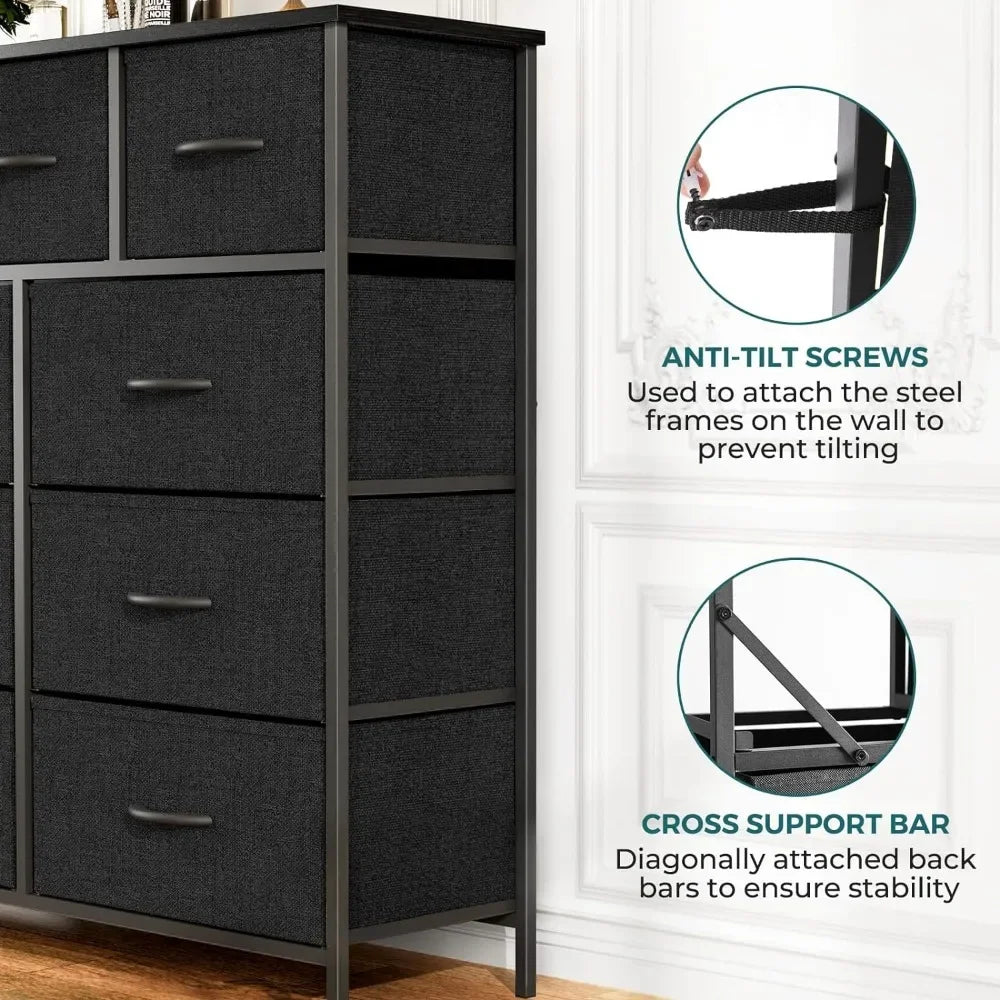 Dressing Cabinet, 9-drawer Dresser, Chest of Drawers with Fabric Storage Bins, Tall Dresser with Wooden Tops