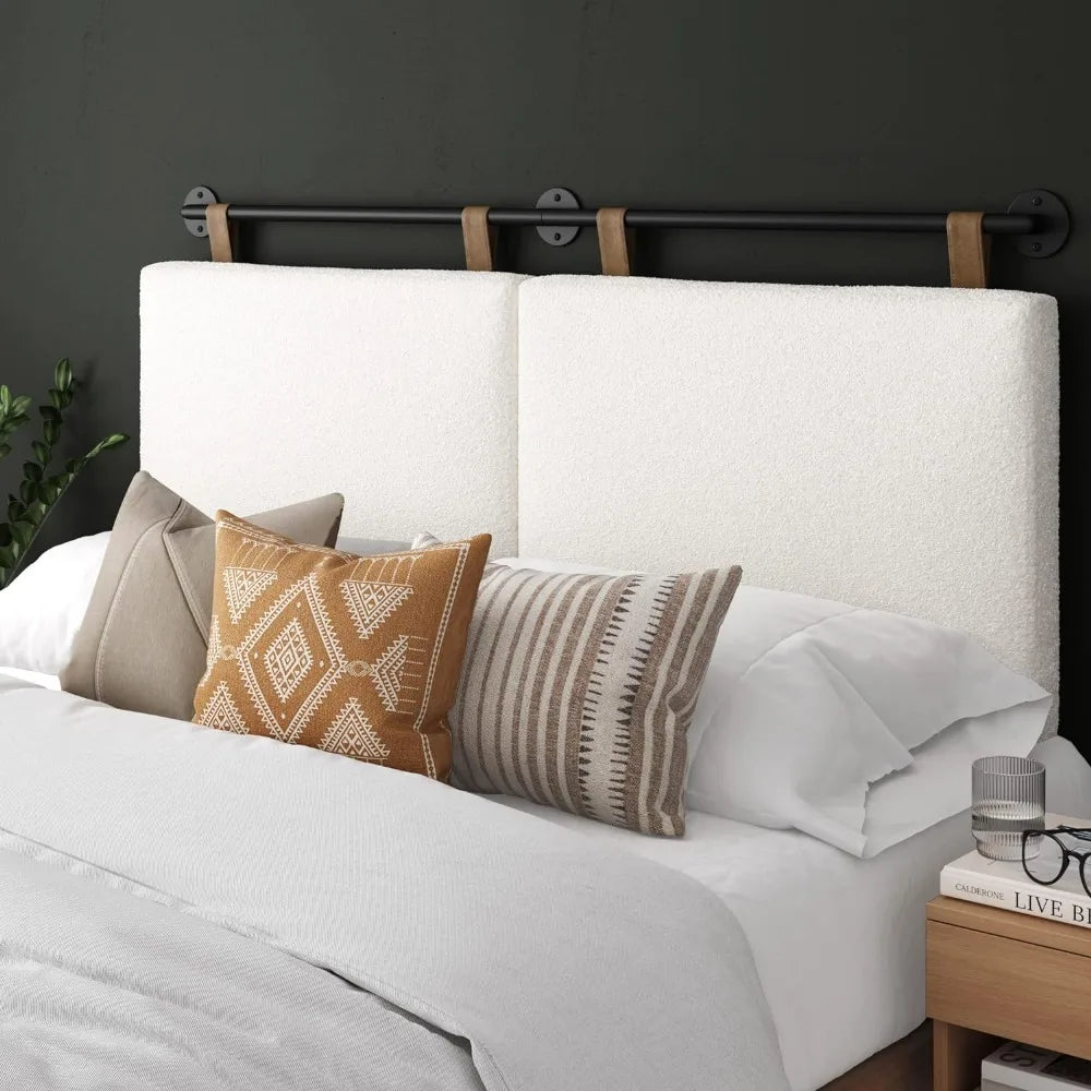 Queen Size Charlie Wall Mount Hanging Upholstered Headboard  White Boucle with Brown Faux Leather Straps Easy 30-minute Assembly