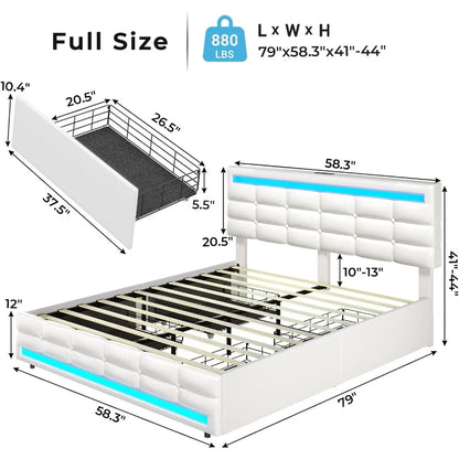 Full Size Bed Frame with 2 USB Charging Station,Faux Leather Full Size Adjustable Headboard & Storage Beds