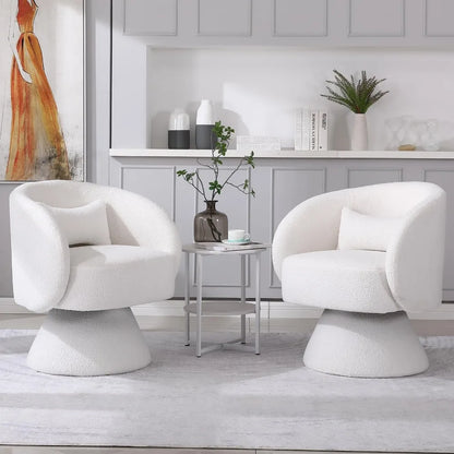 Swivel Chairs Set of 2, 360°Swivel Accent Chair, Small Boucle Barrel Armchair with Pillow & Round Back