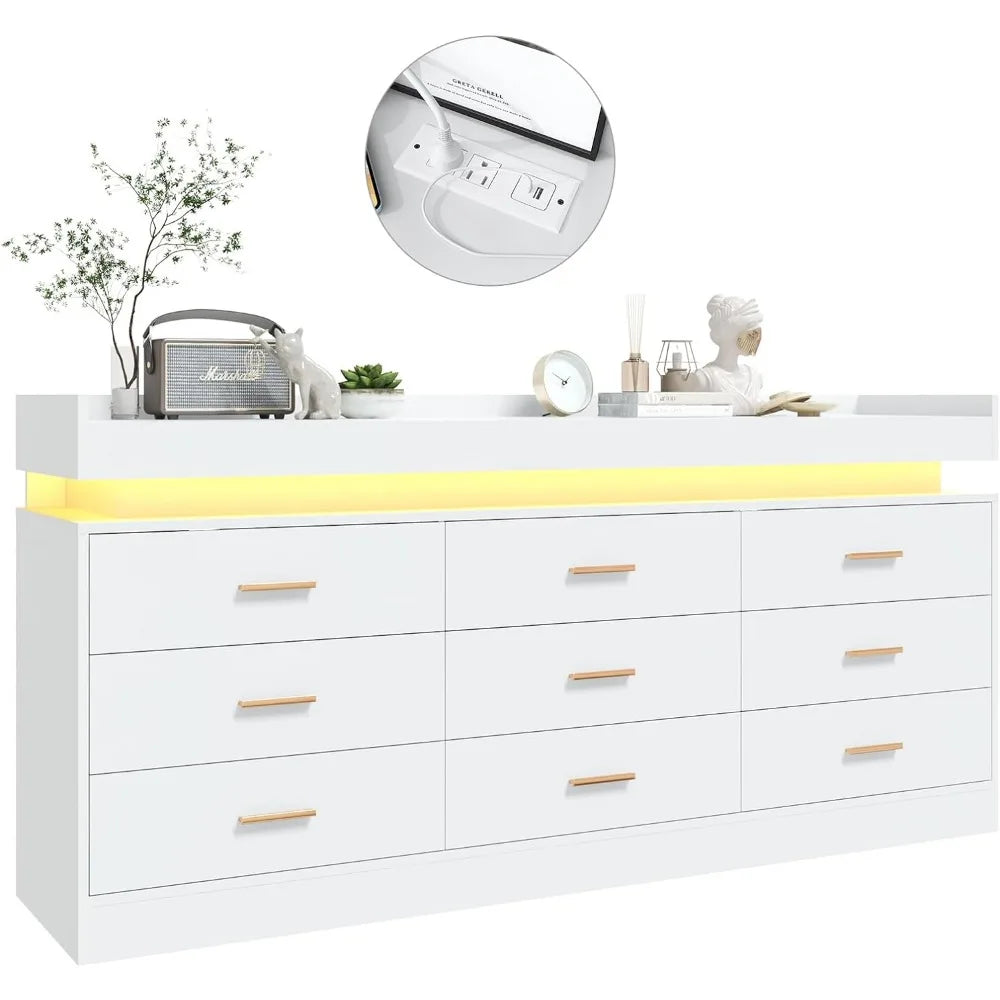 Bedroom Dresser, Drawer Dresser with LED Lights, Modern Chest of Drawers with Power Outlet, Organizer Cabinet for Bedroom, White