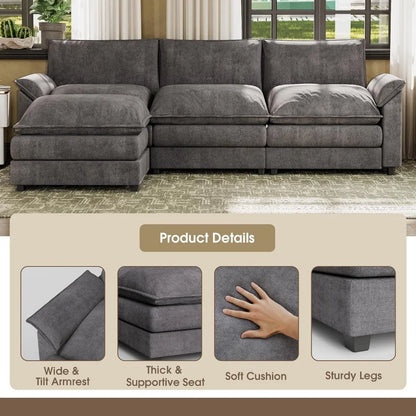 Convertible Sectional Sofa, Deep Seat and Reversible Ottoman, Modern Wide Arm L-Shaped Couch