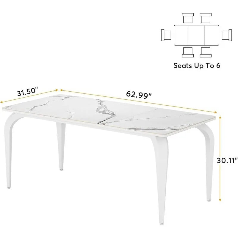 Table à manger moderne de 63 pouces, table en pierre frittée blanche avec pieds en métal, table rectangulaire 6 places pour cuisine, salle à manger, bureau