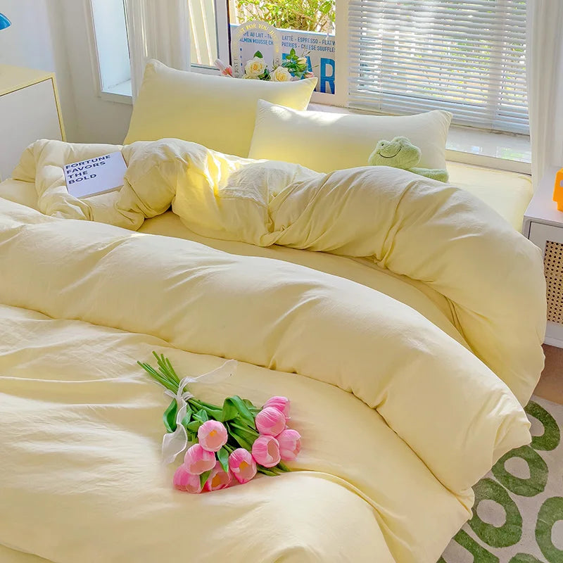 High Quality INS Style Solid Color Bedding Set Washed Cotton Bed Linen Yellow Duvet Cover Flat Sheet Pillowcase Girls Bedclothes