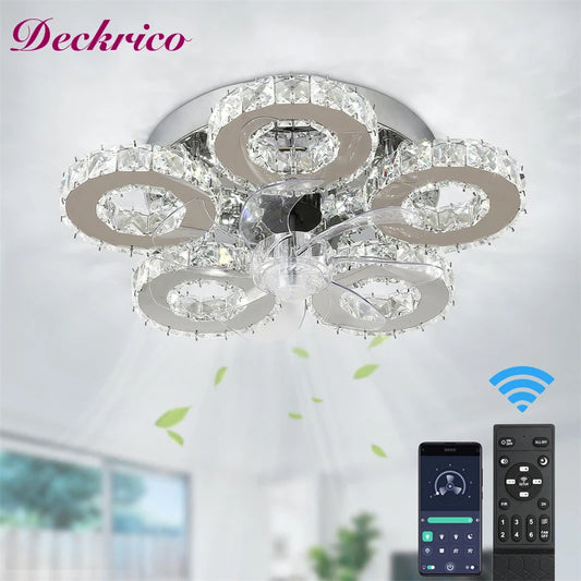 Crystal 5-Ring Fan Light Living Room Ceiling Light Stainless Steel Fixture Fandelier Plafon Fan Lamps Luminaire Led Chandelier