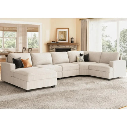 Sectional Sofa with Storage Ottoman, U Shape Sectional Couch Corduroy Modular Sectional Couches for Living Room, Beige