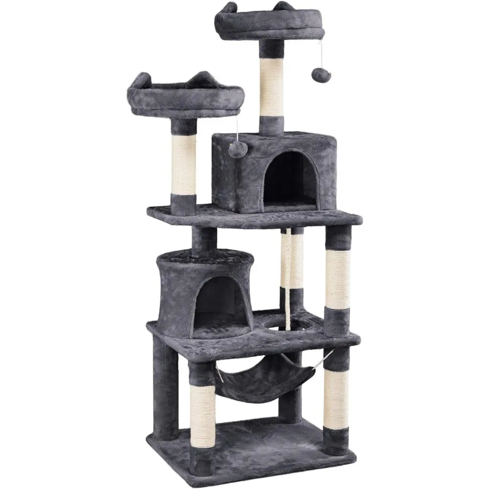 Arbre à chat de 62,2 pouces, tour à chat, condo pour chat avec plate-forme et hamac, poteaux à gratter pour chatons, maison de jeu pour animaux de compagnie avec perchoir en peluche