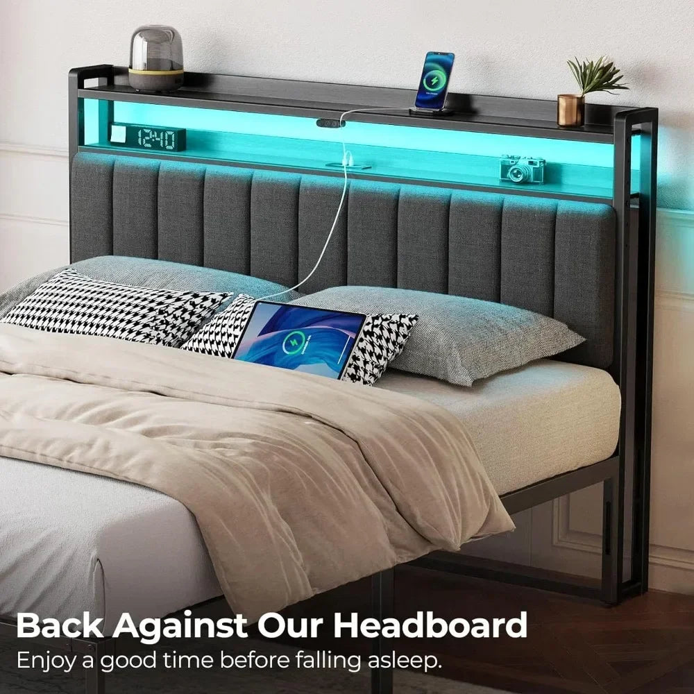 Headboard for Full/Twin/Queen Bed with Storage, 60,000 DIY Color of LED Light, with USB, Height Adjustable, Black Upholstered